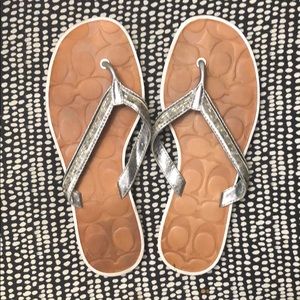 Coach Sandals Flip Flops Silver Beaded Logo